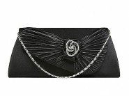 Evening Bag - Satin Pleated Flap w/ Rhinestone Rose Accent Charm - Black - BG-92026B 